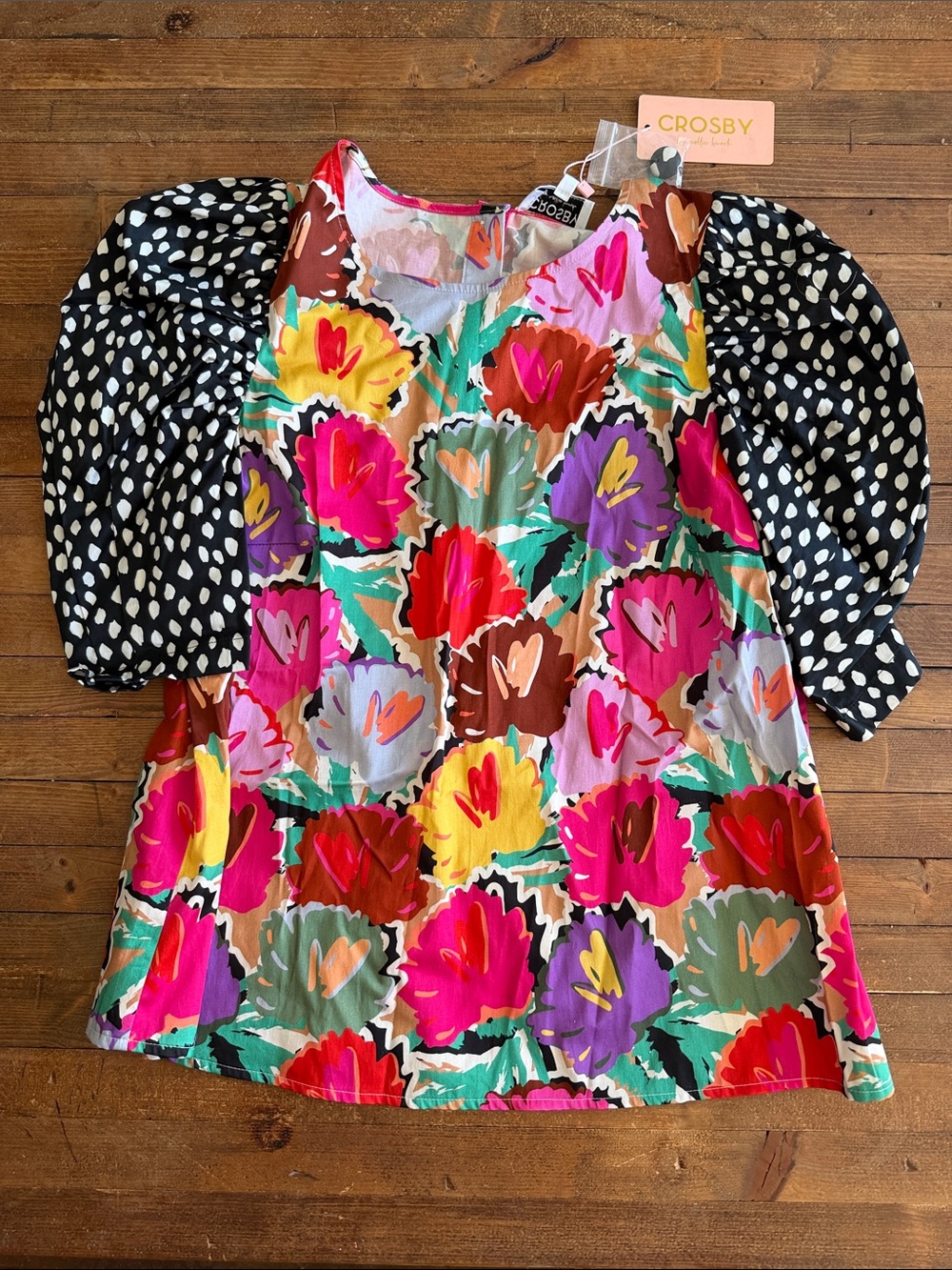 Crosby. Multicolor Floral Shirt with Black Polka Dot Puff Sleeves